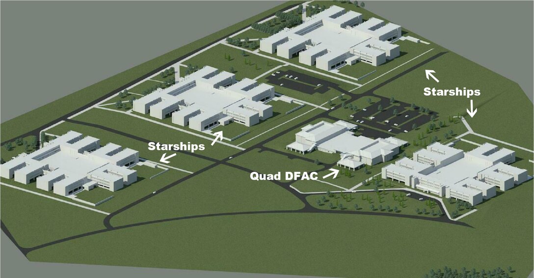 This graphic shows what the final area will look like with the Quad Dining Facility as the center between four starship barracks.