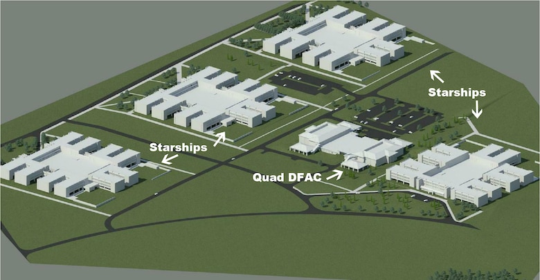 This graphic shows what the final area will look like with the Quad Dining Facility as the center between four starship barracks.