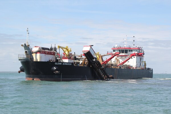 The dredge Glenn Edwards works on maintenance dredging in the Charleston Harbor entrance channel.