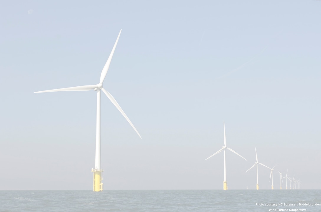 Wind turbines working in the ocean. Wind power is being investigated as a sustainable resource in South Carolina.