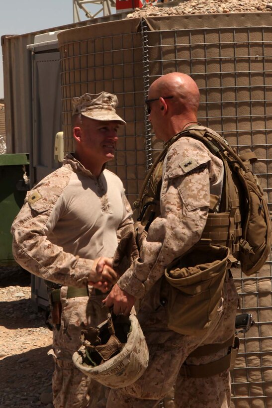 U.S. Marine Corps Lt. Col. Edward J. Healey, left, battalion commander of 3rd Battalion, 8th Marine Regiment (3/8), Regimental Combat Team 6  greets Maj. Gen. David H. Berger, right, commanding general Task Force Leatherneck during his arrival on Forward Operating Base (FOB) Geronimo, Helmand province, Afghanistan Aug. 18, 2012. Maj. Gen. Berger along with other command staff visited FOB Geronimo to discuss future operations in the 3/8 area of operation. (U.S. Marine Corps photo by Lance Cpl. Cesar N. Contreras/Released)