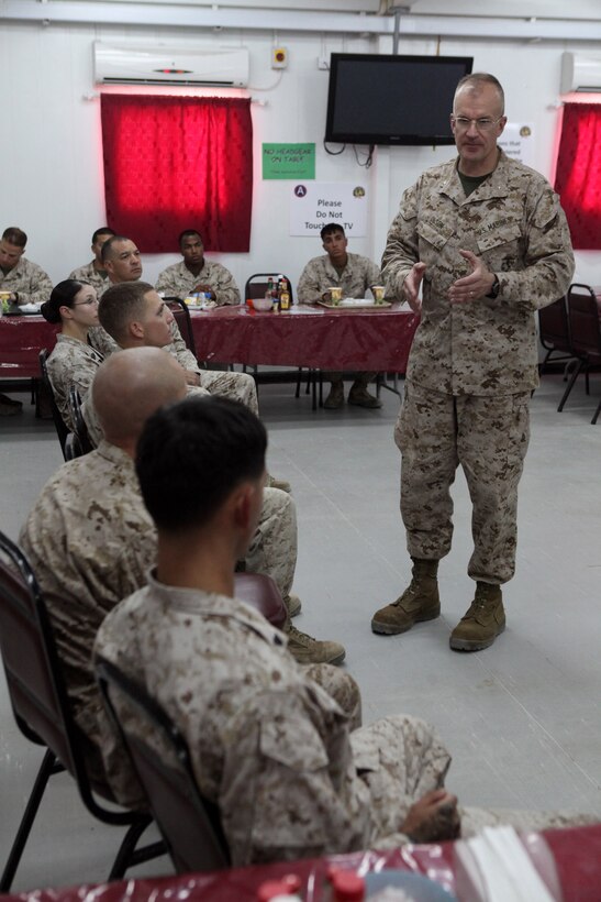 CAMP BUEHRING, Kuwait (Aug. 8, 2012) Brig. Gen. Gregg Olson, deputy commander, U.S. Marine Corps Forces Central Command, speaks with Marines from the 24th Marine Expeditionary Unit in Camp Buehring, Kuwait, Aug. 8, 2012. The 24th MEU is deployed with the Iwo Jima Amphibious Ready Group as a U.S. Central Command theater reserve force providing support for maritime security operations and theater security cooperation efforts in the U.S. 5th Fleet area of responsibility. (U.S. Marine Corps photo by Sgt. Richard Blumenstein/Released)