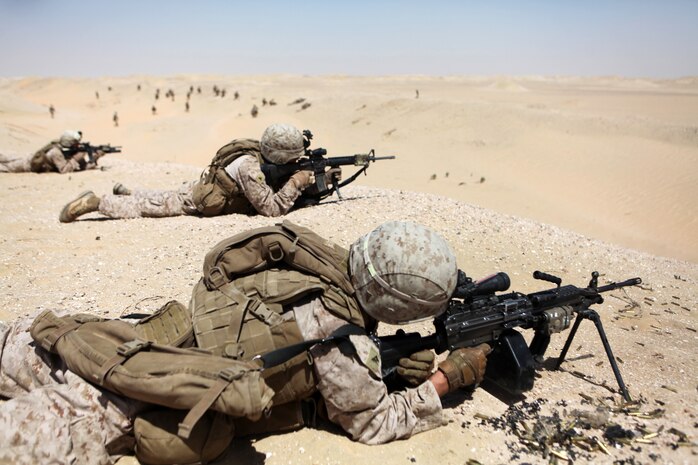 UDAIRI RANGE, Kuwait (Aug. 15, 2012) U.S. Marines assigned to 2nd Platoon, Charlie Company, Battalion Landing Team 1st Battalion, 2nd Marine Regiment, 24th Marine Expeditionary Unit, provide cover fire for another squad during live-fire platoon attack training at Udairi Range in Kuwait, Aug. 15, 2012. The 24th MEU is deployed with the Iwo Jima Amphibious Ready Group as a U.S. Central Command theater reserve force providing support for maritime security operations and theater security cooperation efforts in the U.S. 5th Fleet area of responsibility. (U.S. Marine Corps photo by Sgt. Richard Blumenstein/Released)