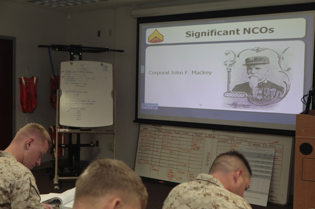 Gunnery Sgt. Valdez R. Baker, staff non commissioned officer in charge for Cherry Point Corporals Leadership Course, teaches a history of the NCO class at the Training and Education Center, Aug. 16. "We are directly responsible for shaping the ideas they have," said Baker about his responsibilities to the corporals that come through his course. "Going to basic training, (Marine Combat Training), (military occupations skills) school, that’s just the foundation."