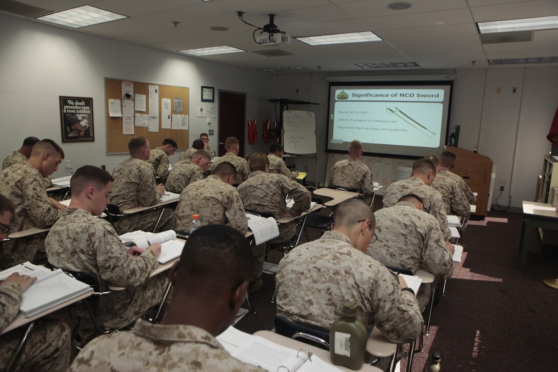 Gunnery Sgt. Valdez R. Baker, staff non commissioned officer in charge for Cherry Point Corporals Leadership Course, teaches a history of the NCO class at the Training and Education Center, Aug. 16. "We are directly responsible for shaping the ideas they have," said Baker about his responsibilities to the corporals that come through his course. "Going to basic training, (Marine Combat Training), (military occupations skills) school, that’s just the foundation."