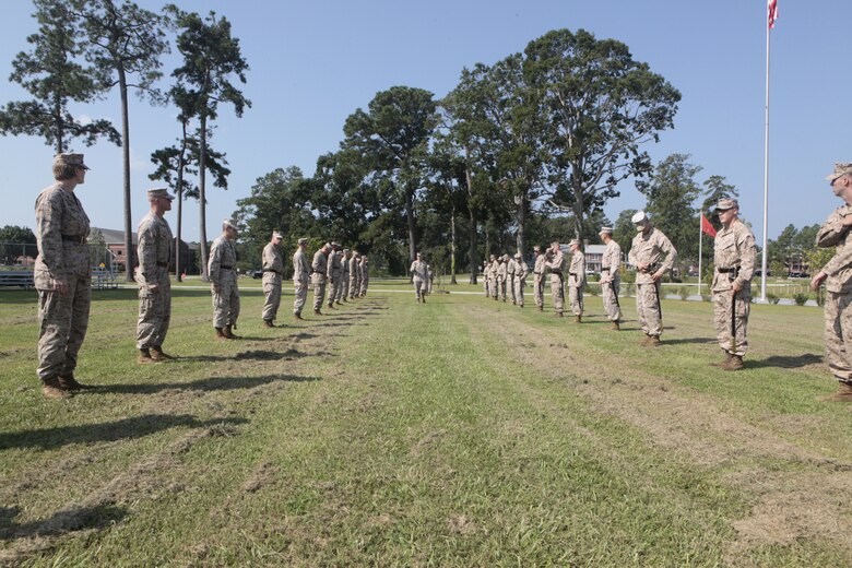 Cherry Point Corporals Leadership Class 274-12 set-up a practice formation for an introduction to sword manual, Aug. 17. The three-week course is the first Professional Military Education class enlisted Marines attend and focuses on leadership, history and tradition of Marine Corps corporals.