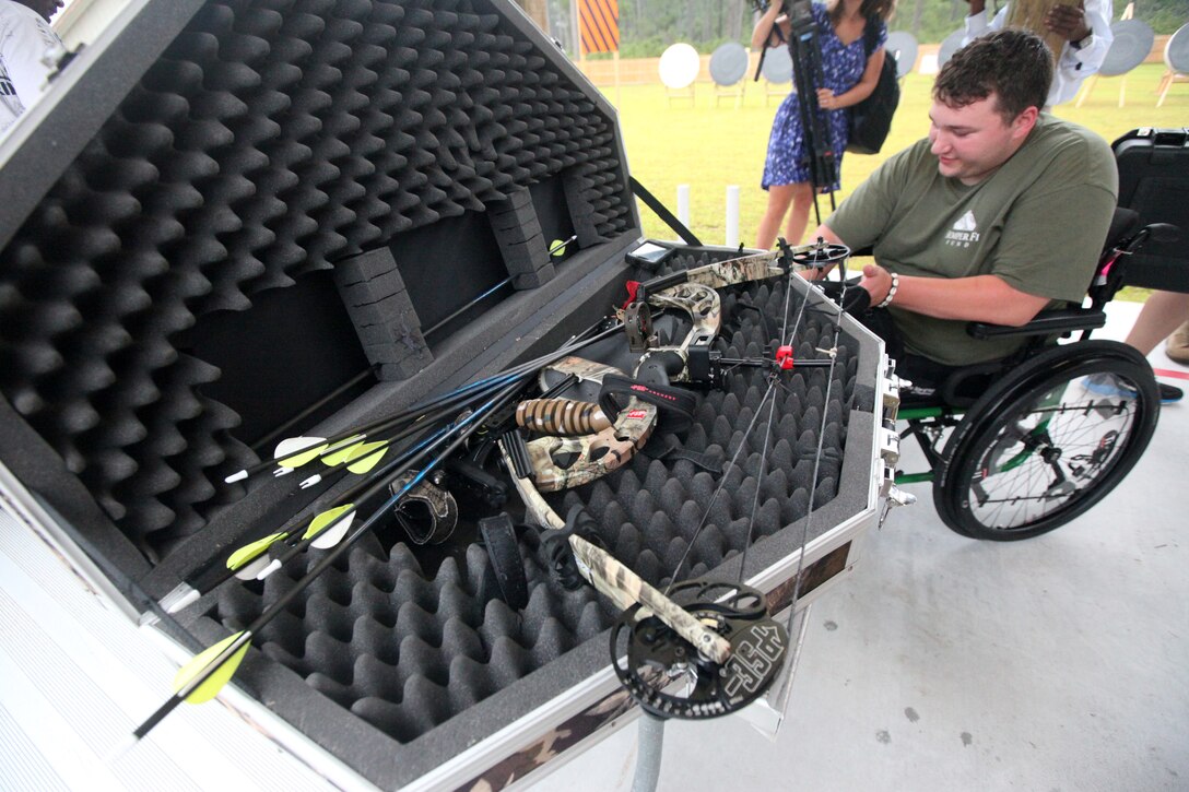 Marines with Wounded Warrior Battalion-East and -West brought their personal bows and arrows for the WW Regiment Archery Camp aboard Marine Corps Base Camp Lejeune Aug. 20 through 25. Approximately 40 wounded warriors participated in the week-long camp where coaches assisted them in improving and refining their shooting technique. 