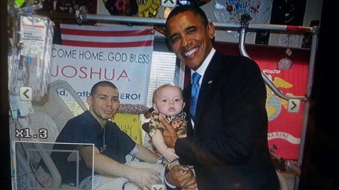 Cpl. Joshua Lopez and his son with President Barack Obama.