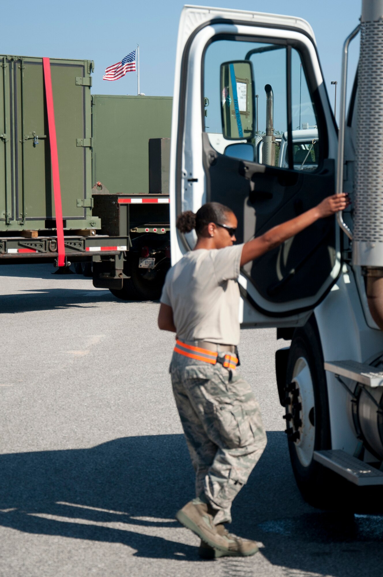 Staff Sgt. Bryce Basil, a vehicle operator of 1st Special Operations Logistics Readiness Squadron, enters a truck loaded with supplies to be taken off-base in preparation for Hurricane Isaac at Hurlburt Field, Fla., Aug 26, 2012.  Hurlburt Field assets were being evacuated as Tropical Storm Isaac approaches the Gulf Coast region.  (U.S. Air Force Photo/Airman 1st Class Benjamin D. Kim)