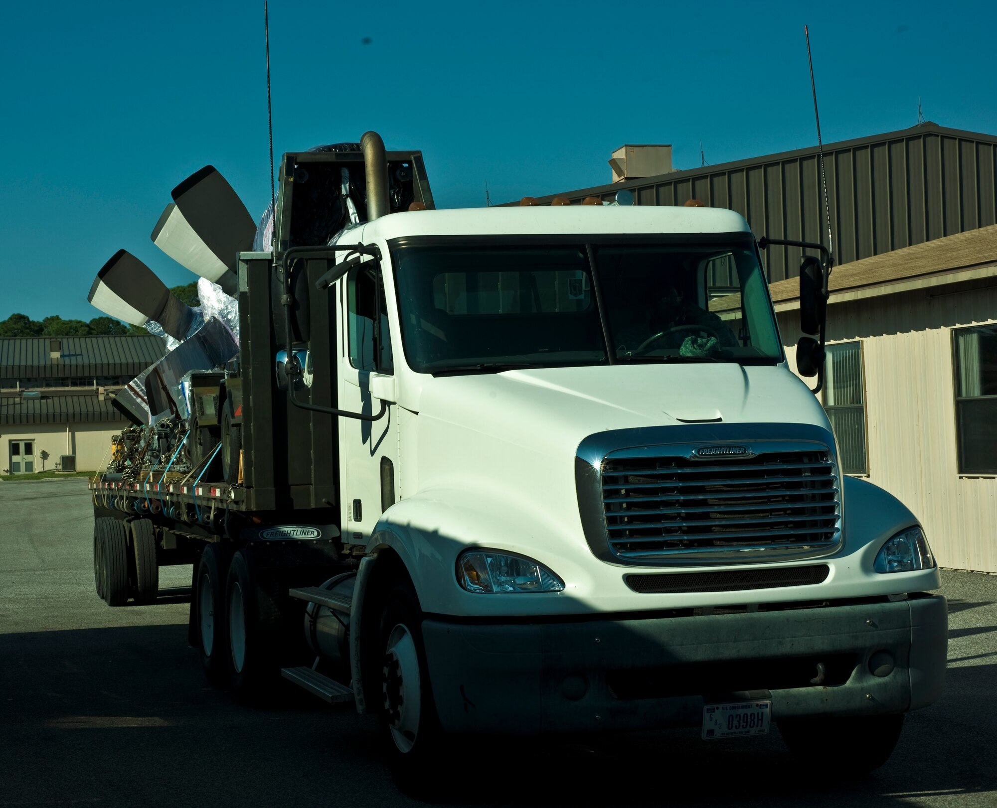 A truck loaded with aircraft parts prepares for evacuation at Hurlburt Field, Fla., Aug. 26, 2012. Hurlburt Field assets were being evacuated as Tropical Isaac approaches the Gulf Coast region. (U.S. Air Force photo / Airman 1st Class Nigel Sandridge)