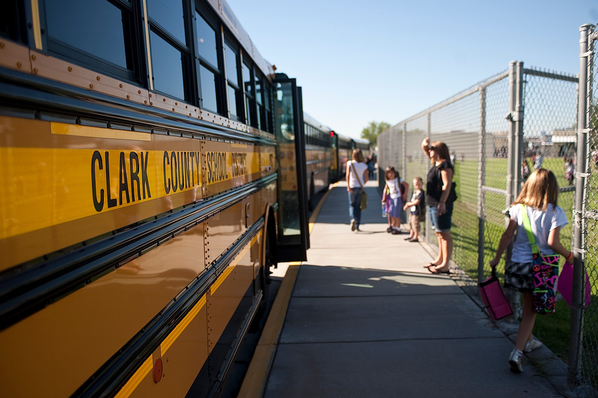 Children arrive at Lomie Heard Elementary School Aug. 27, 2012, at Nellis Air Force Base, Nev. Today was the first day of school for Clark County School District students. (U.S. Air Force photo by Staff Sgt. Christopher Hubenthal)
