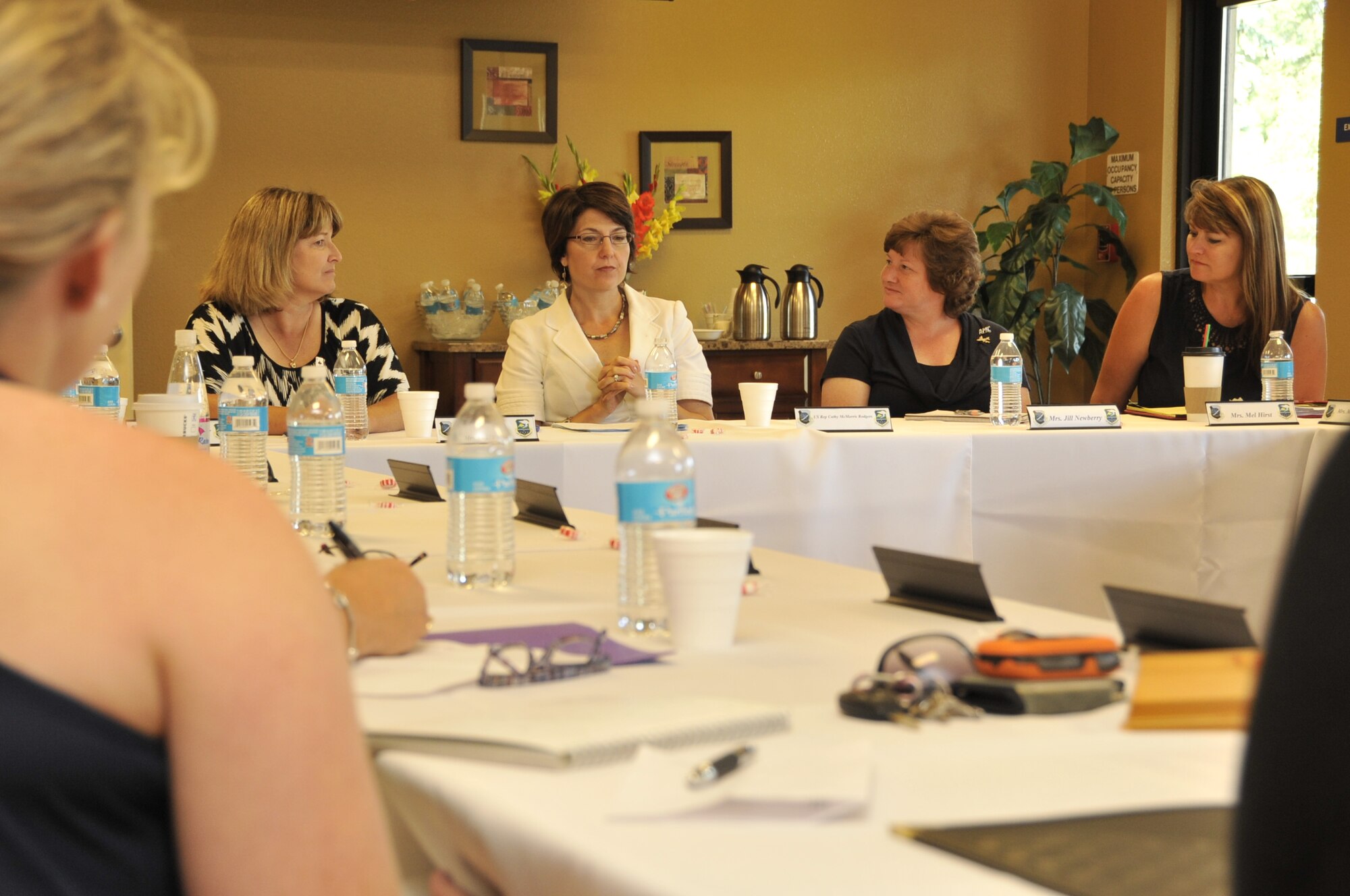 Congresswoman Cathy McMorris Rodgers talks with military spouses at the second Military Family Caucus event Aug. 20, 2012, at Fairchild Air Force Base, Wash. The event gave military spouses a venue to discuss challenges, common issues and barriers they experience, as well as offer potential solutions for congressional leadership. (U.S. Air Force photo by Airman 1st Class Mary O’Dell)