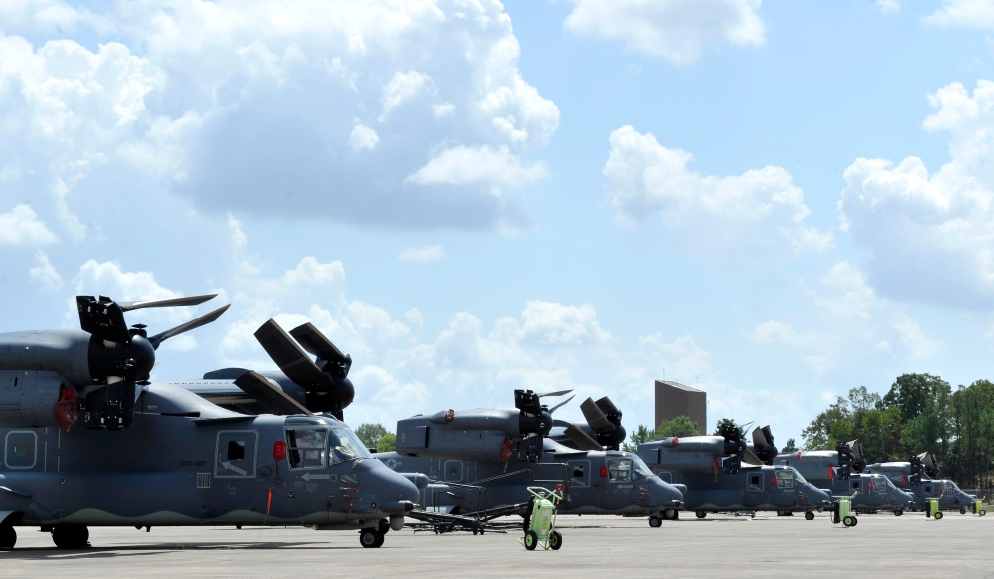 CV-22 Osprey from 1st Special Operations Wing, Hurlburt Field, Fla., sit on the flightline with aircraft from Little Rock Aug. 27, 2012, at Little Rock Air Force Base, Ark. Little Rock Airmen and agencies are actively supporting evacuations of Airmen and aircraft from Hurlburt Field and Keesler AFB, Miss. in preparation for Tropical Storm Isaac approaching the Gulf Coast Region. (U.S. Air Force photo by Staff Sgt. Caleb Pierce)