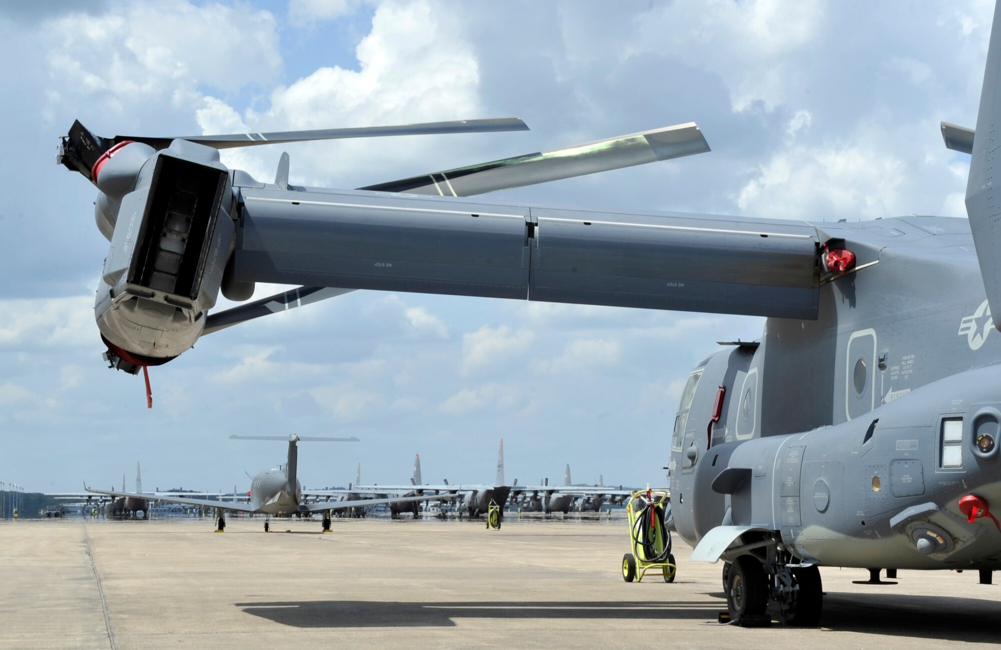 Approximately 35 CV-22 Osprey, U-28As and C-130s from 1st Special Operations Wing, Hurlburt Field, Fla, sit on the flightline with aircraft from Little Rock Aug. 27, 2012, at Little Rock Air Force Base, Ark. Airmen and aircraft were evacuated from Hurlburt Field and Keesler AFB, Miss. in preparation for Tropical Storm Isaac approaching the Gulf Coast Region. (U.S. Air Force photo by Staff Sgt. Caleb Pierce)