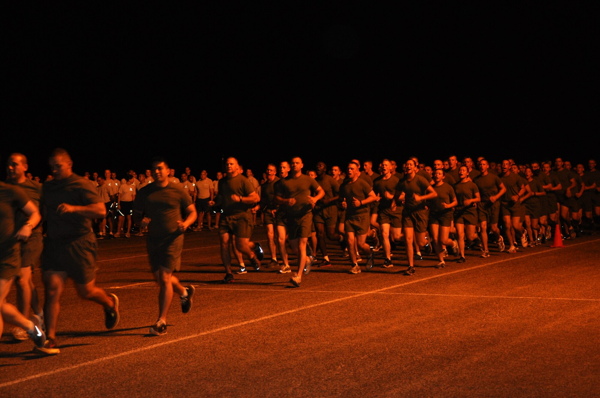 The Marine Corps Detachment participates in the Goodfellow Wing Run Aug 24 here. Before the run, all participants were reminded to be safe, watch for any hazards in the road, and to make sure to properly hydrate. (Air Force Photo/ Airman 1st Class Erica Flores)