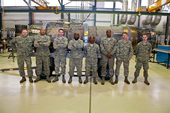 Master Sgt. James Compton, Tech. Sgt. Corwyn Goodman, Senior Airman Dakota Havel, Tech. Sgt. Orlando Harris, Tech. Sgt. Clintwan Cooper, Senior Airman Justin White , Staff Sgt. Charles Warfle, Airman 1st Class Jesse Summerlin, aerospace propulsion maintainers from the 169th Fighter Wing, McEntire Joint National Guard Base, S.C., pose for a photo inside the 48th Component Maintenance Squadron hangar August 2, 2012. The 169th FW maintainers are here in support of their unit, which is currently deployed to Afghanistan. (U.S. Air Force photo by Senior Airman Connor Estes)