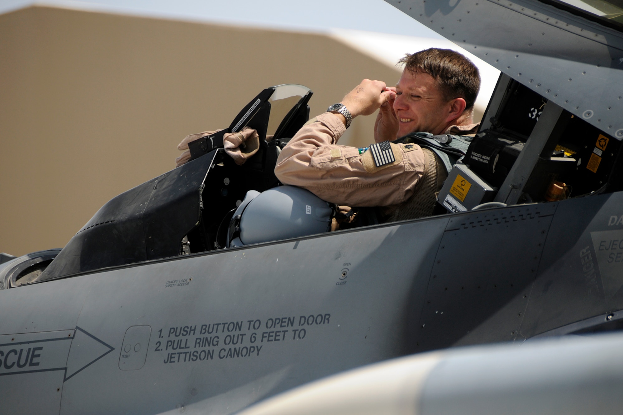 Lieutenant Colonel Michael Rose, a fighter pilot assigned to the 157th Expeditionary Fighter Squadron at Kandahar Airfield, Afghanistan, prepares to launch an F-16 Fighting Falcon for a mission June 7, 2012. Personnel are deployed from McEntire Joint National Guard Base, S.C., in support of Operation Enduring Freedom. Swamp Fox F-16's, pilots, and support personnel began their Air Expeditionary Force deployment early April to take over flying missions for the air tasking order and provide close air support for troops on the ground in Afghanistan.
