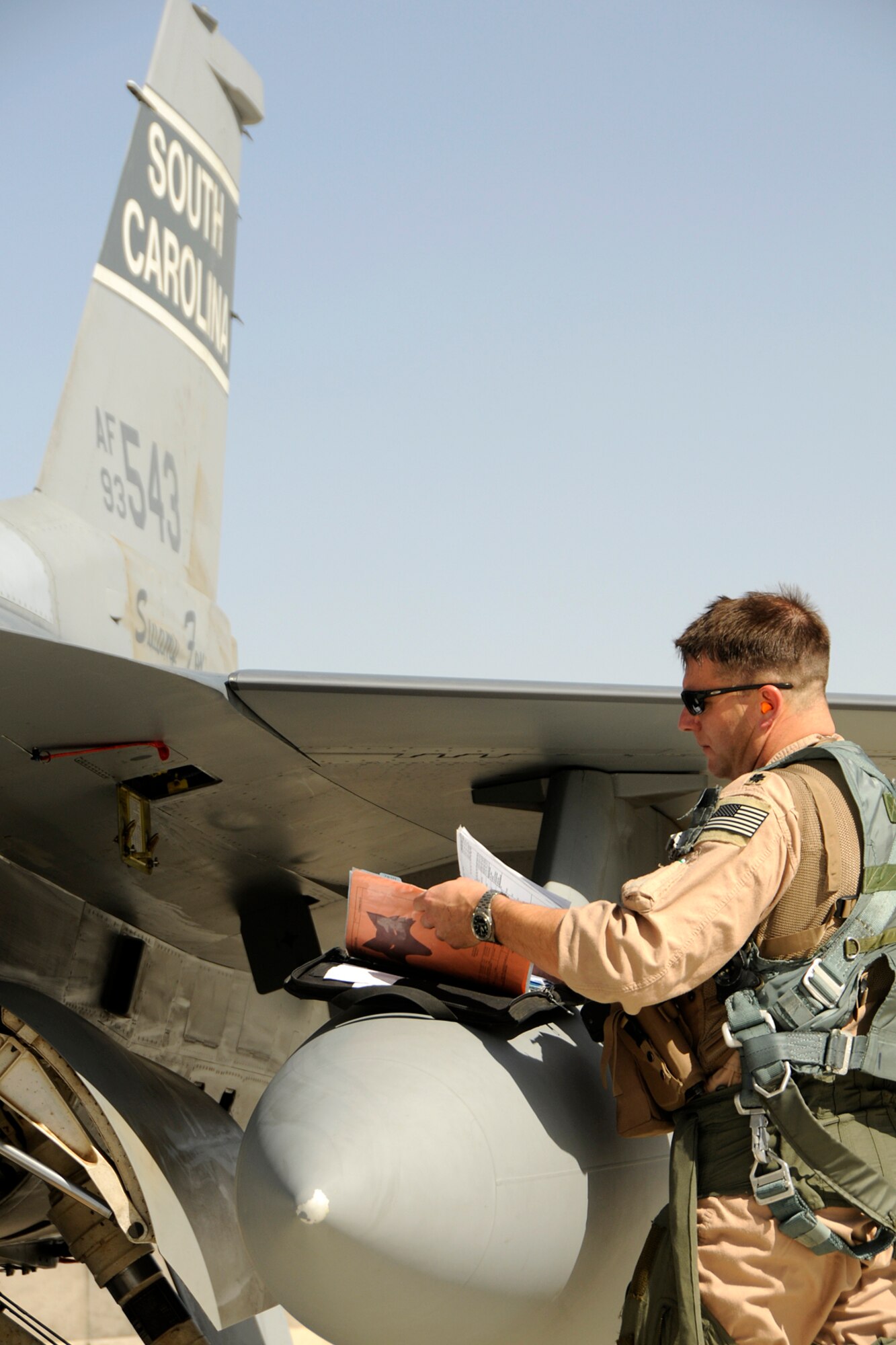 Lt. Col. Michael Rose, a fighter pilot assigned to the 157th Expeditionary Fighter Squadron at Kandahar Airfield, Afghanistan, returns to the flight line in an F-16 Fighting Falcon after flying a mission May 31, 2012. Personnel are deployed from McEntire Joint National Guard Base, S.C., in support of Operation Enduring Freedom. Swamp Fox F-16's, pilots, and support personnel began their Air Expeditionary Force deployment early April to take over flying missions for the air tasking order and provide close air support for troops on the ground in Afghanistan.