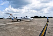 A T-1 Jayhawk from the 479th Flying Training Group arrives at the south ramp at Joint Base San Antonio-Randolph, Texas, Aug. 27.  Thirty-four aircraft and 60 accompanying aircrew members were evacuated from their home station, Naval Air Station Pensacola, Fla., in anticipation of Hurricane Isaac.  The 479th FTG is a geographically separated unit of the 12th Flying Training Wing and conducts the Air Force's only Combat Systems Officer training program. (U.S. Air Force photo by Bekah Clark)