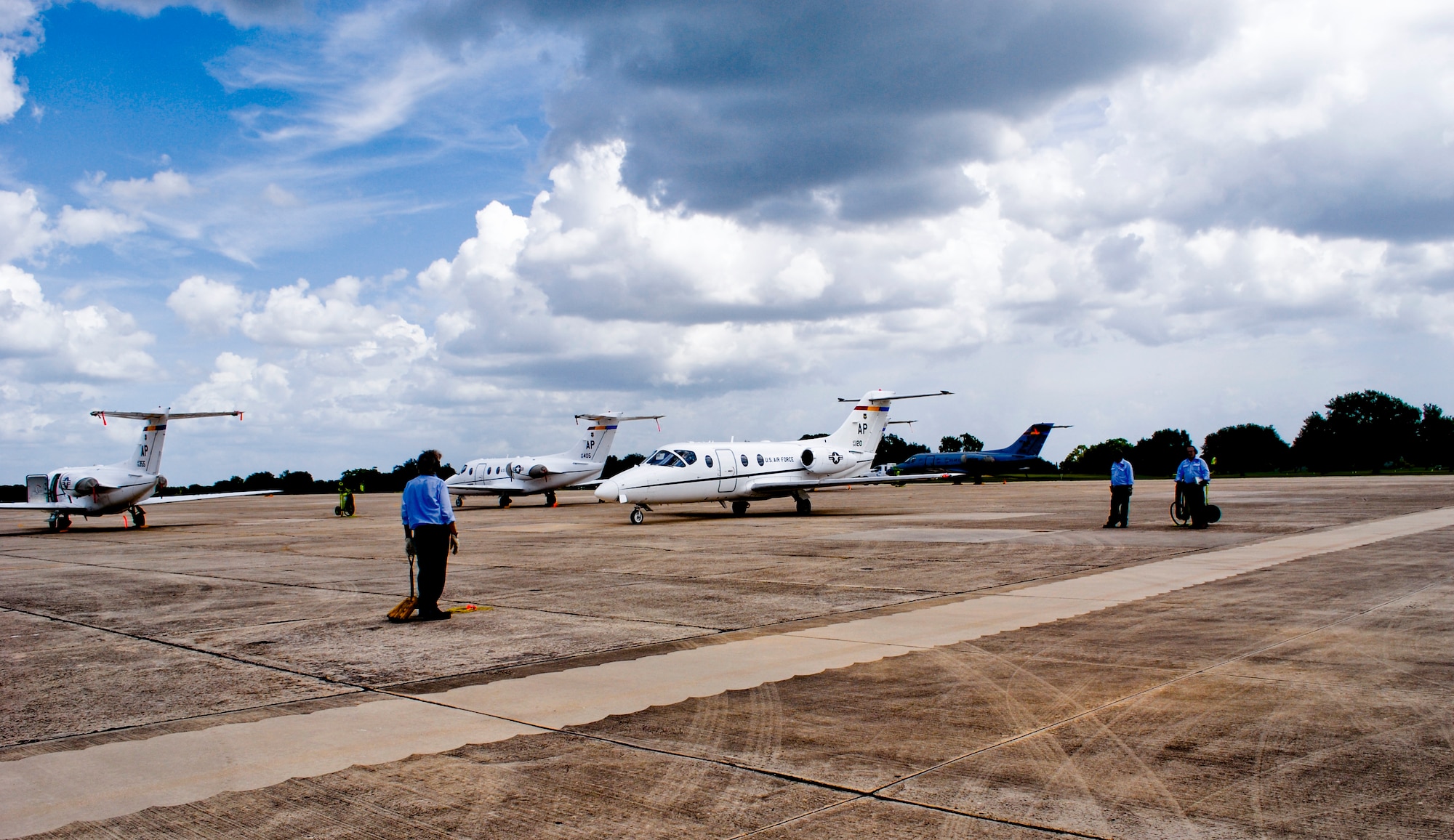 A T-1 Jayhawk from the 479th Flying Training Group arrives at the south ramp at Joint Base San Antonio-Randolph, Texas, Aug. 27.  Thirty-four aircraft and 60 accompanying aircrew members were evacuated from their home station, Naval Air Station Pensacola, Fla., in anticipation of Hurricane Isaac.  The 479th FTG is a geographically separated unit of the 12th Flying Training Wing and conducts the Air Force's only Combat Systems Officer training program. (U.S. Air Force photo by Bekah Clark)