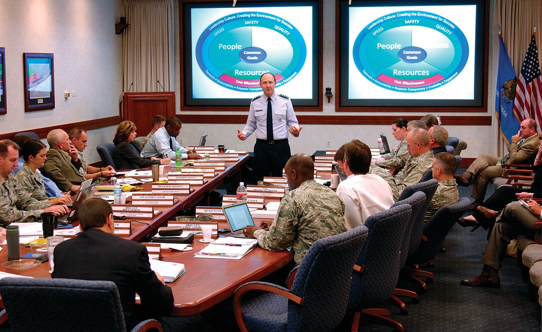 Lieutenant General Bruce Litchfield, Air Force Sustainment Center commander, talks about the need for commanders to foster an environment for success during an AFSC senior leader conference at Tinker AFB,  Aug. 22-24. Representatives from each of the eight AFSC wings as well as the AFSC staff attended the three-day event.  (U.S. Air Force Photo by Margo Wright)