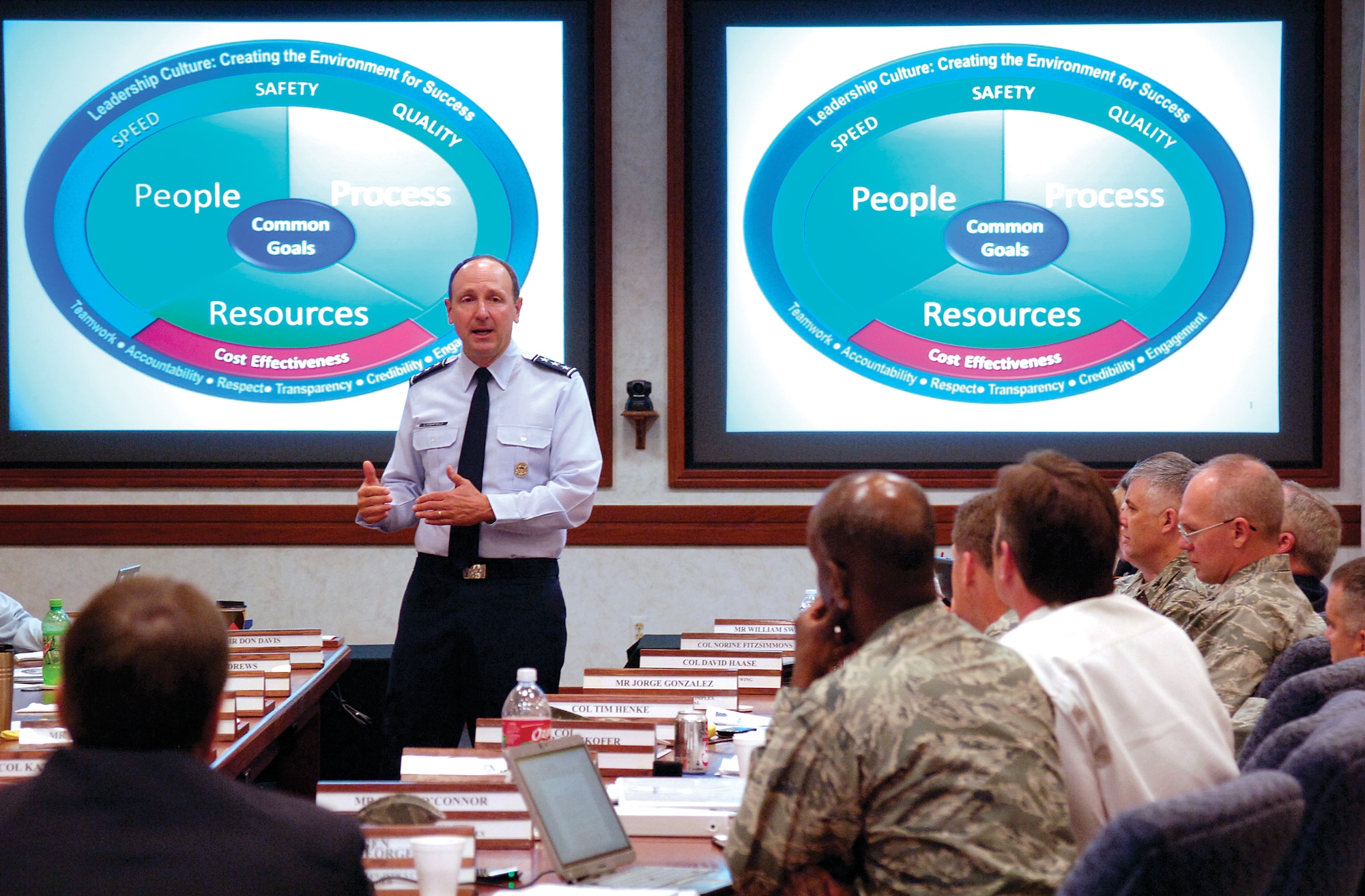 Representatives from each of the eight Air Force Sustainment Center wings and center staff listen as Lt. Gen. Bruce Litchfield, AFSC commander, talks about cost-effective sustainment and other center issues during an AFSC senior leader conference at Tinker AFB, Aug. 22-24.  (U.S. Air Force Photo by Margo Wright)