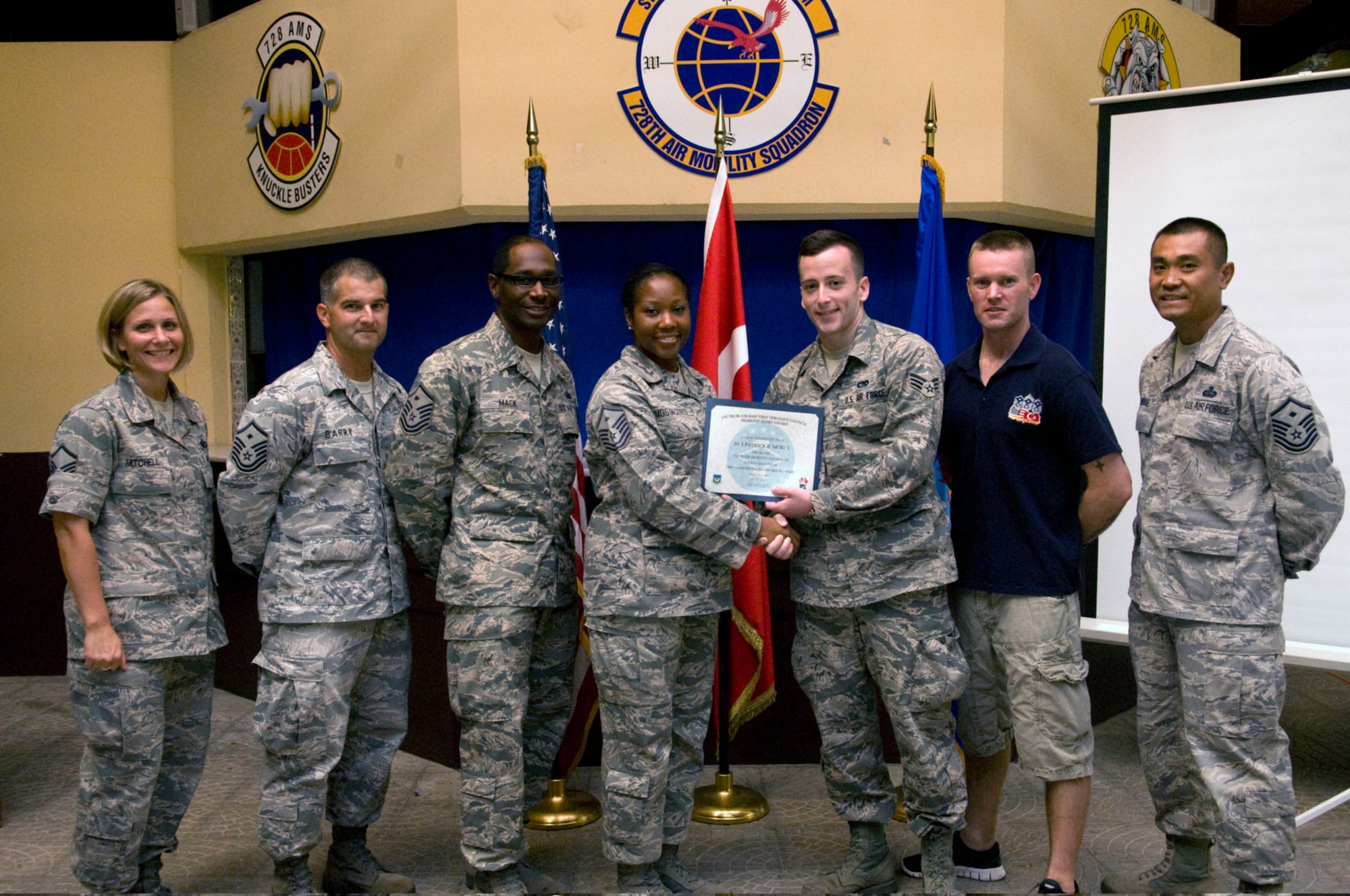 Senior Airman Ryan Morey, 728th Air Mobility Squadron, is presented the July 2012 Diamond Sharp Award by members of the Incirlik First Sergeant Council Aug. 23, 2012, at Incirlik Air Base, Turkey. Morey earned the monthly award by distinguishing himself through outstanding professionalism, performance and display of the Air Force core values. (U.S. Air Force photo by Senior Airman Marissa Tucker/Released)
