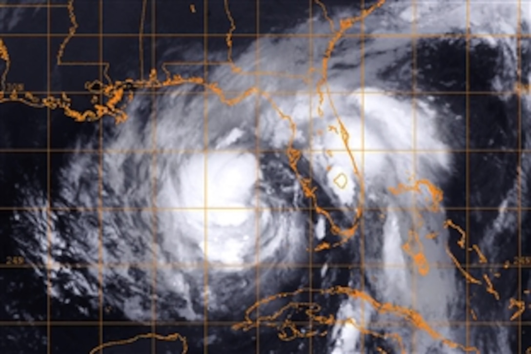 An infrared satellite image of Tropical Storm Isaac provided by the U.S. Naval Research Laboratory in Monterey, Calif., Aug. 27, 2012, shows the storm at 1:00 a.m. EST. Isaac is expected to strengthen into a hurricane and impact the U.S. Gulf Coast.