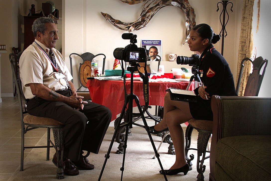 ORANGE CITY, Fla.,(August 25, 2012)—Mr. Robert Blanks, an Original Montford Point Marine, sits for an interview with Lance Cpl. Gabrielle Bustos, a combat correspondent with 6th Marine Corps District. Blanks received the Congressional Gold Medal in a ceremony held at his residence in recognition of his service to the nation at a time when racial discrimination was normal and the military services were just beginning to desegregate.
Between 1942 and 1949, there were 19, 168 African American recruits at Montford Point, N.C., near Camp Lejeune. Of those Marines, over 13,000 served overseas during the war. Most were assigned to ammunition and depot companies bringing ammunition and supplies to the front lines and transporting wounded and dead Marines back to the beaches.
The Congressional Gold Medal is the nation’s highest civilian honor given by congress for distinguished achievement. The President of the United States signed into law the legislation to award the medal to the Montford Point Marines on November 23, 2011. (Official USMC photo by Staff Sgt. Tracie G. Kessler)(Released).
