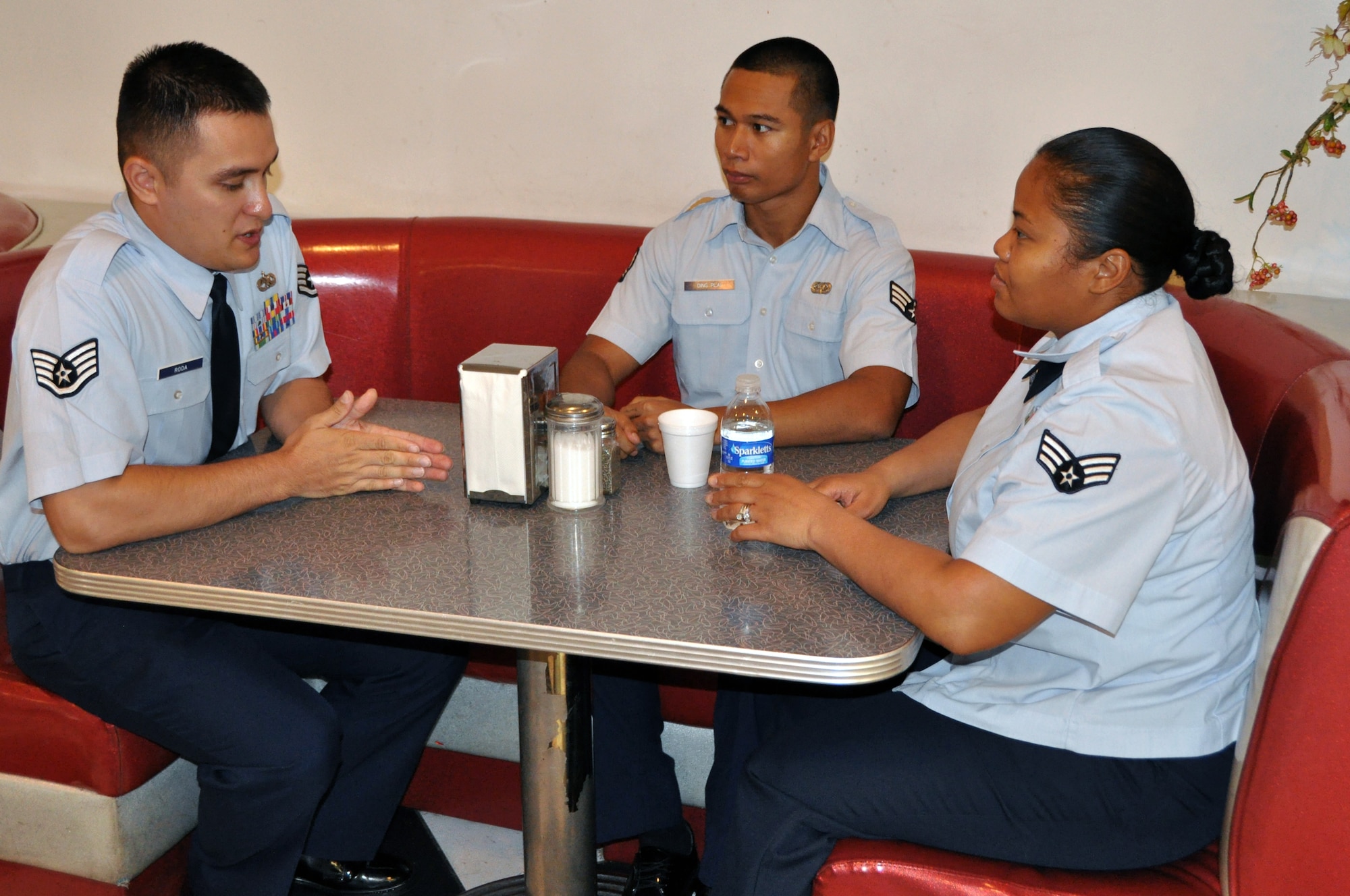 Staff Sgt. Jonathan Roda, 51st Fighter Wing command chief executive, talks to two staff sergeant selects during a two-hour mentor session as part of the Professional Development Center’s non-commissioned officer boot camp at Osan Air Base, Republic of Korea, Aug. 21, 2012. Approximately 66 senior airmen and staff sergeants awaiting an Airman Leadership School billet participated in the seminar. (U.S. Air Force photo/Senior Airman Michael Battles)

