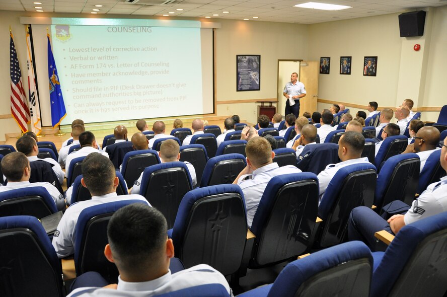 Senior airmen newly promoted to staff sergeant receive a briefing on counseling during the NCO boot camp at Osan Air Base, Republic of Korea, Aug. 21, 2012. The Osan Professional Development Center hosted a one-day course that offered a condensed, crash-course version of the six-week class that all Airmen attend to become NCOs. (U.S. Air Force photo/Senior Airman Michael Battles)