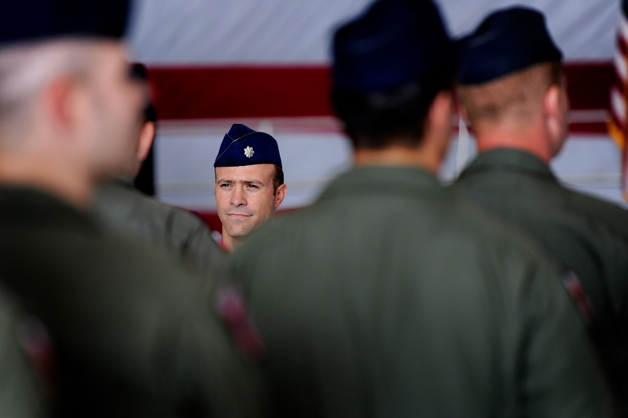 U.S. Air Force Lt. Col Raymond Millero, 77th Fighter Squadron troop commander, takes control of his formation during an honorary commander assumption of command ceremony, Aug. 24, 2012, Shaw Air Force Base, S.C. Dr. Steven Lauzon; a Sumter Surgical partner assumed the honorary commander position for the 77th FS. Lauzon has been a longtime supporter of Team Shaw and the 77th FS. The honorary commander program is designed to educate those in the community with limited knowledge of the Air Force and the operations that happen on Shaw. (U.S. Air Force photo by Senior Airman Kenny Holston/Released)