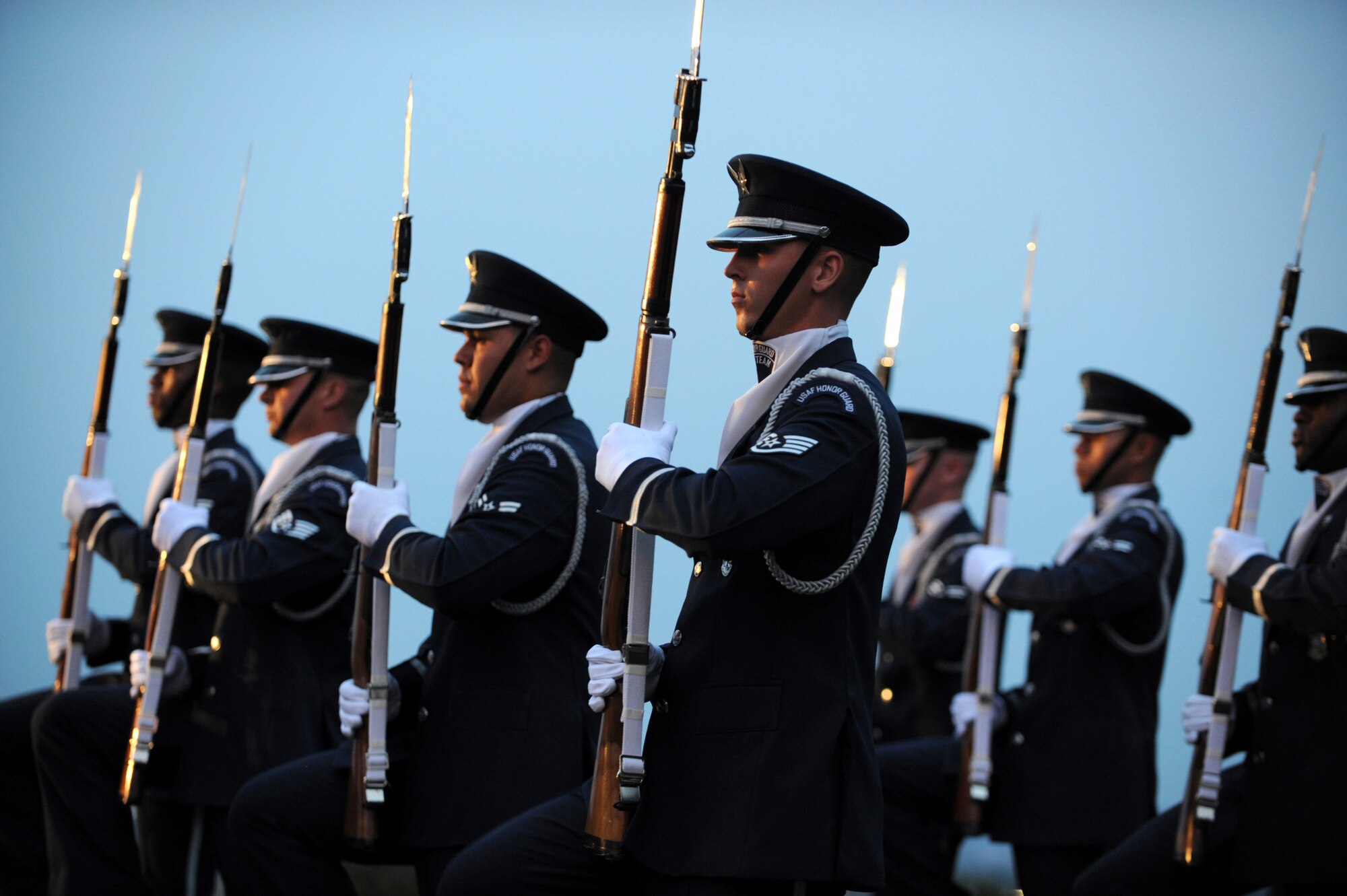 U.S. Air Force Honor Guard Drill Team performs at a U.S. Air Force Band concert at the Air Force Memorial on August 24, 2012, in Washington D.C. Throughout the summer months of June, July, and August, the band's performing ensembles present free outdoor concerts at historic venues in our nation's capital for Washington area residents, as well as for visitors from around the world. (U.S. Air Force photo by Senior Airman Christina Brownlow)