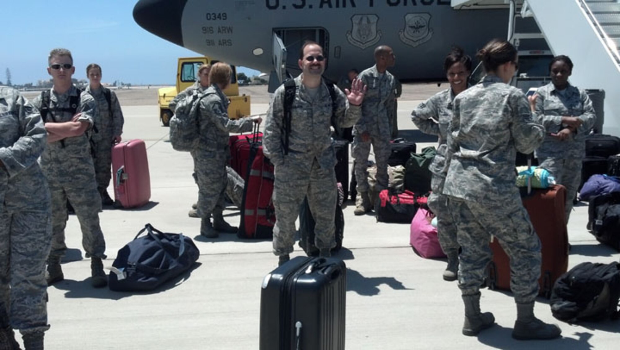 "Hi mom! We just landed in sunny California." 916th Aerospace Medicine Squadron reservists spent their annual training helping out a sister service in San Diego this past August. (USAF photo by Master Sgt. Wendy Lopedote, 916ARW/PA)