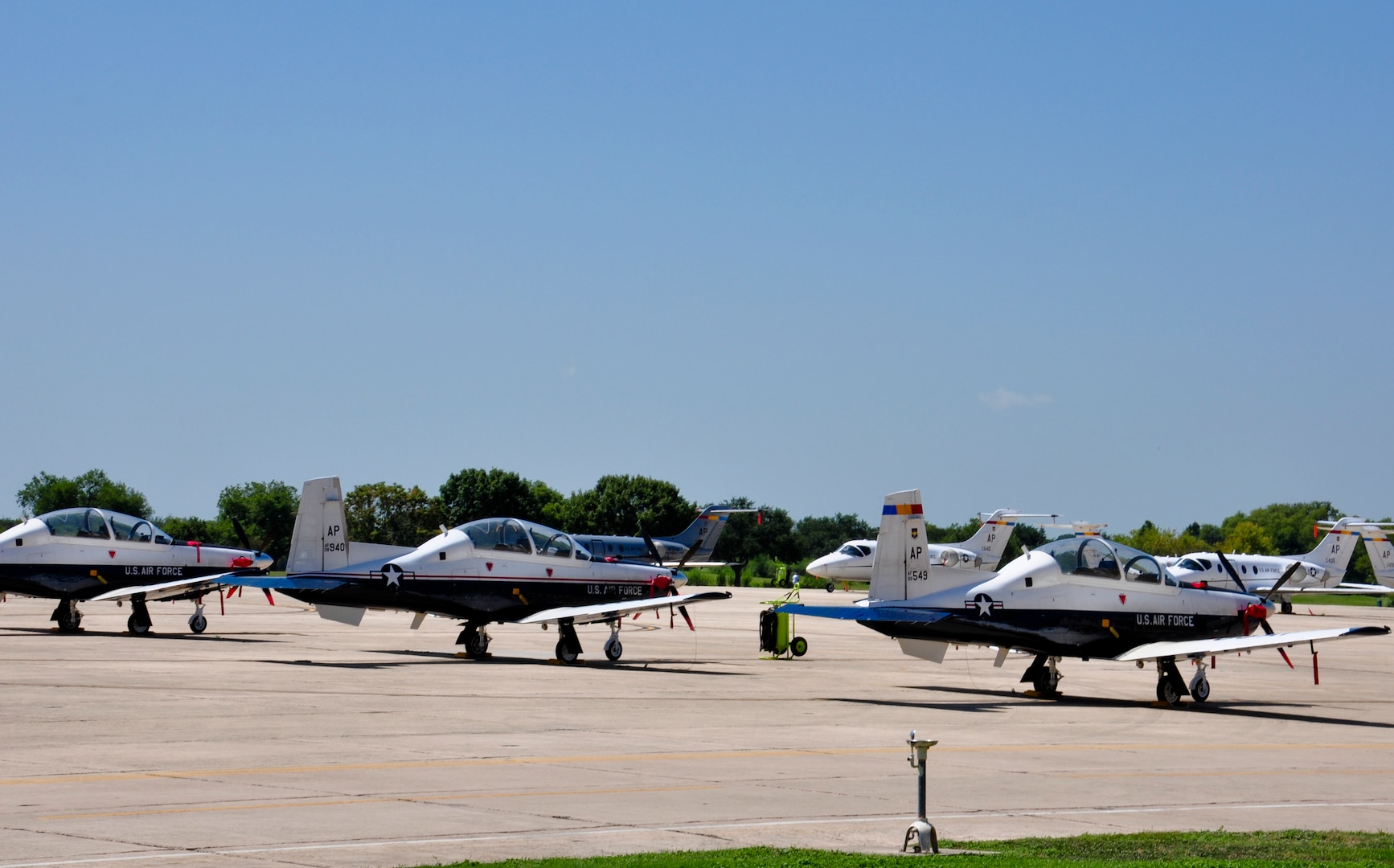 T-6 Texan II and T-1 Jayhawk aircraft from the 479th Flying Training Group, at Naval Air Station Pensacola, Fla., arrived at Joint Base San Antonio-Randolph, Texas August 26, 2012, in anticipation of Tropical Storm Isaac. The 479th FTG is a geographically separated unit of the 12th Flying Training Wing and is responsible for training all U.S. Air Force Combat Systems Officers. (U.S. Air Force photo by 2nd. Lt. Keenan Kunst)