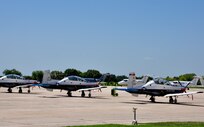 T-6 Texan II and T-1 Jayhawk aircraft from the 479th Flying Training Group, at Naval Air Station Pensacola, Fla., arrived at Joint Base San Antonio-Randolph, Texas August 26, 2012, in anticipation of Tropical Storm Isaac. The 479th FTG is a geographically separated unit of the 12th Flying Training Wing and is responsible for training all U.S. Air Force Combat Systems Officers. (U.S. Air Force photo by 2nd. Lt. Keenan Kunst)