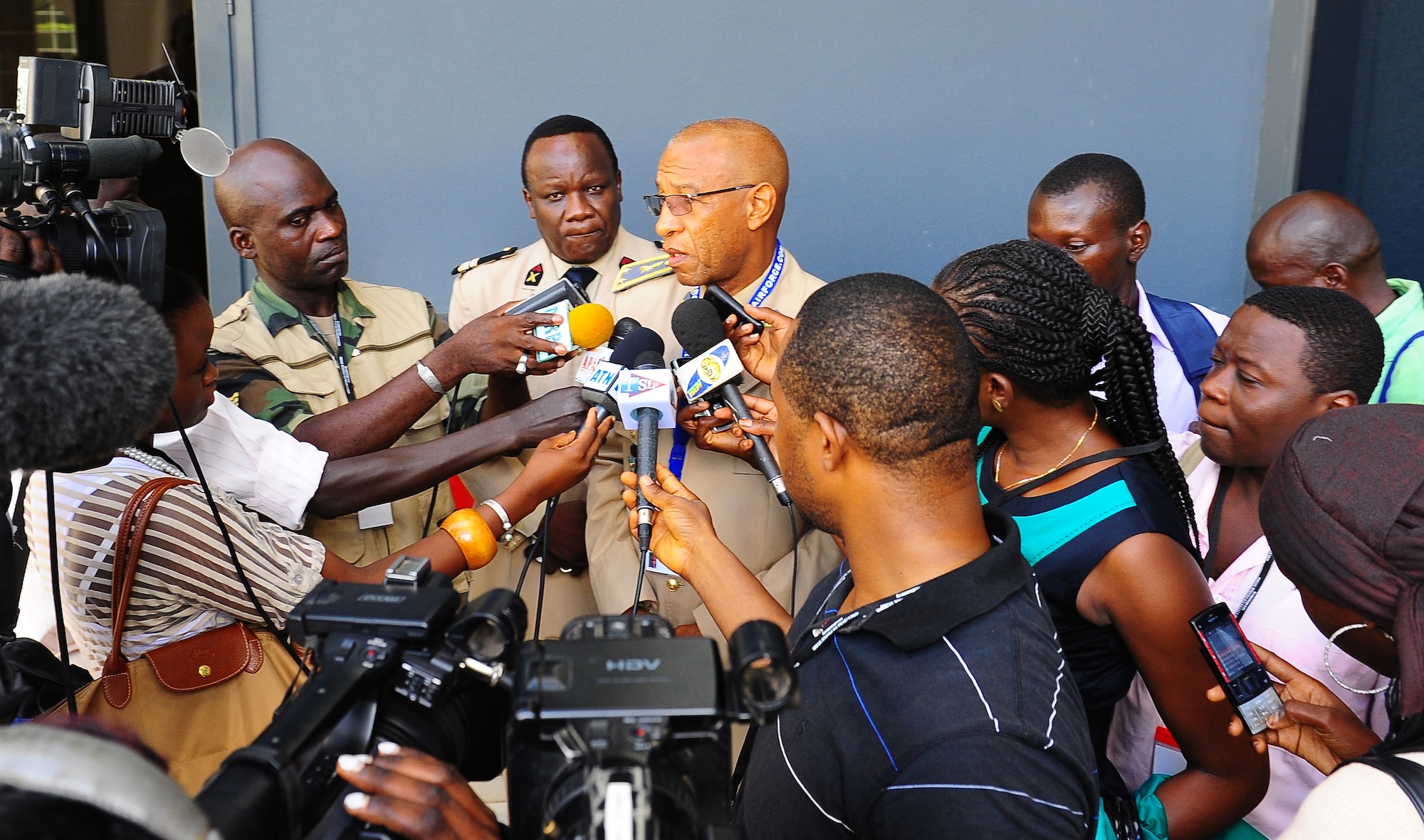 Brig. Gen. Alain Pereira, from Senegal, speaks with local Senegalese media after the key-note speech given by Gen. Philip Breedlove, U.S. Air Forces Africa, Aug 28, 2012, in Dakar, Senegal. The conference was used to promote regional partnerships in Northern and Western Africa to find African solutions to African problems. (U.S. Air Force photo/Staff Sgt. Travis Edwards)