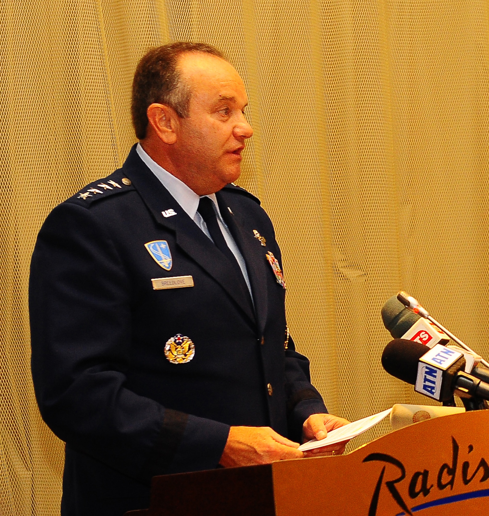 Gen. Philip Breedlove, U.S. Air Forces Africa commander, address a crowd of more than 100 air chiefs, distinguished guests and media personnel during the Regional Air Chiefs Conference Aug 28, 2012 in Dakar, Senegal. The conference was used to promote the idea of a multi-national African and U.S. partnership to help improve regional stability in Northern and Western Africa. (U.S. Air Force photo/Staff Sgt. Travis Edwards)