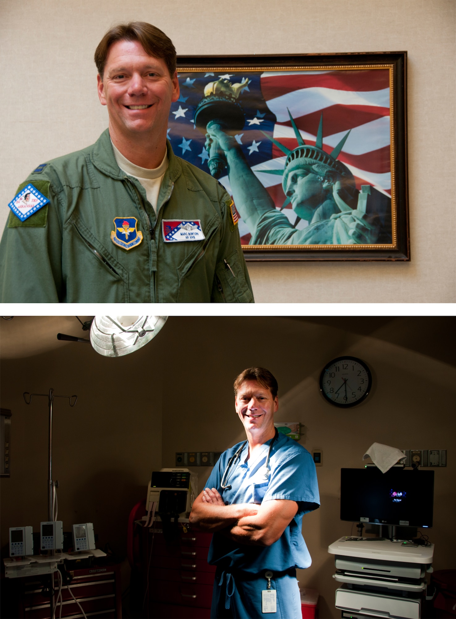 Capt. Marc Borton at drill (top) and at his civilivian job in Jacksonville as an ER surgeon.