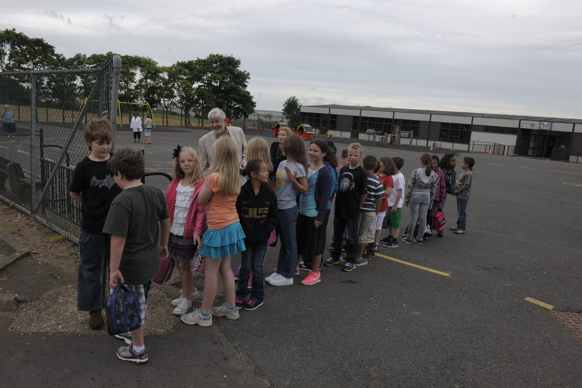RAF ALCONBURY, United Kingdom – Children at the RAF Alconbury elementary school line up before heading into the school on the first day of classes, Aug. 27. (U.S. Air Force photo by Master Sgt. John Barton)