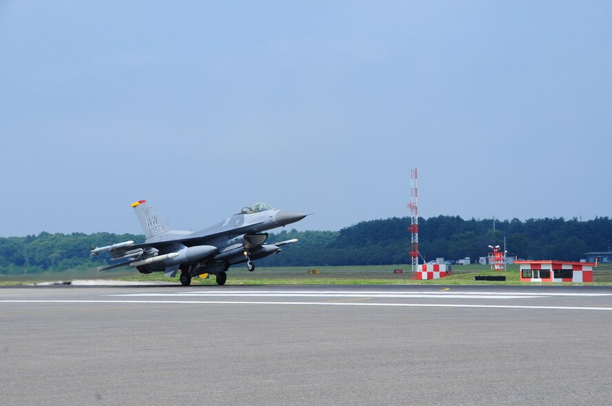 U.S. Air Force Brig. Gen. Michael Rothstein, 35th Fighter Wing commander, takes off in an F-16 Fighting Falcon during his final flight at Misawa Air Base, Japan, Aug. 28, 2012. Following his change of command ceremony Sept. 4, Rothstein will leave Misawa for Luke Air Force Base, Ariz., as the 56th Fighter Wing commander. (U.S. Air Force photo by Staff Sgt. April Quintanilla/Released)