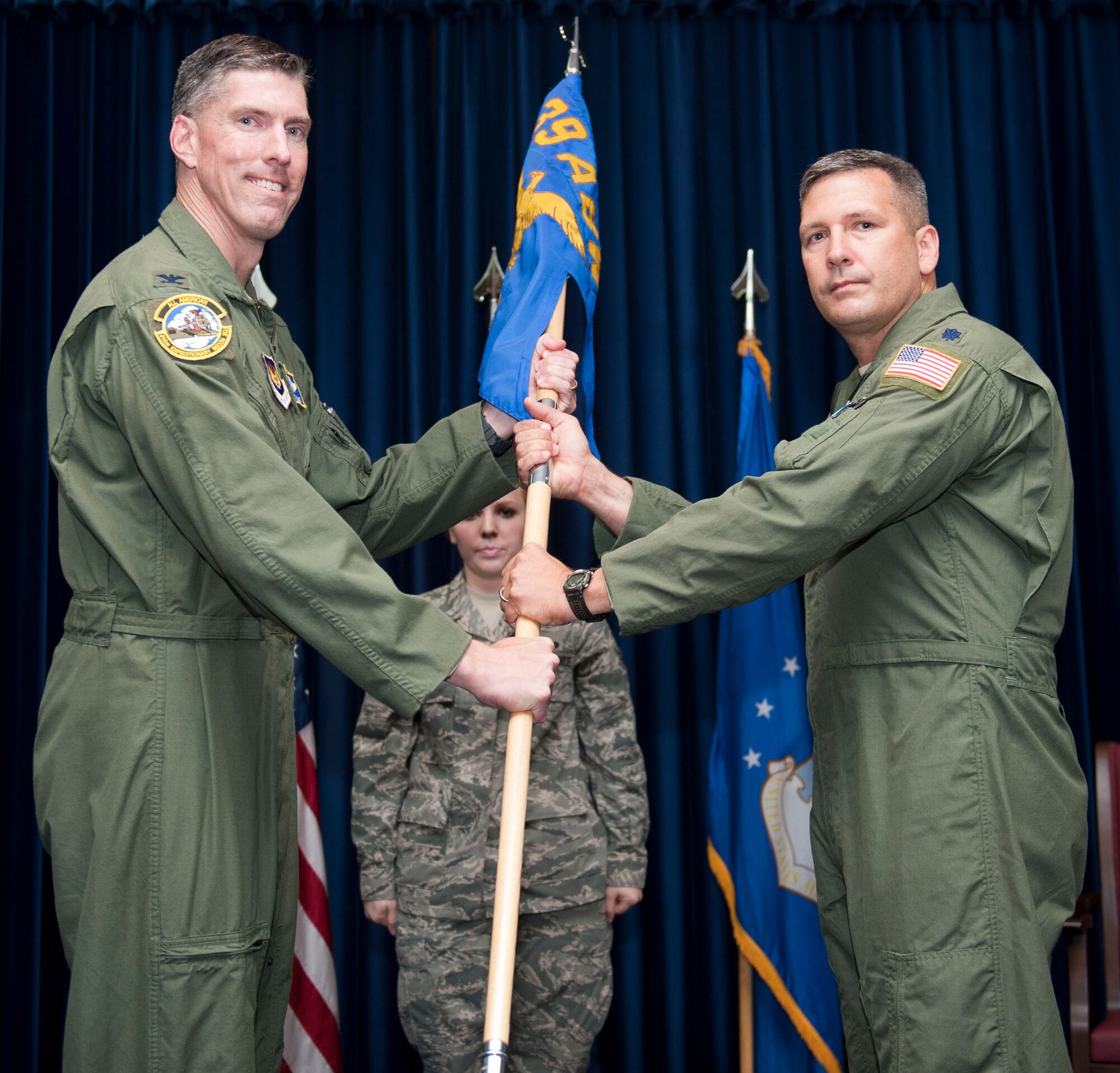 Lt. Col. Mark Hersant, 39th Expeditionary Operations Group commander, assumes command of the 39th EOG during a change of command ceremony Aug. 27, 2012, at Incirlik Air Base, Turkey. Members of the 39th EOG bid farewell to their previous commander Col. Dana Hessheimer. (U.S. Air Force photo by Senior Airman Clayton Lenhardt/Released)