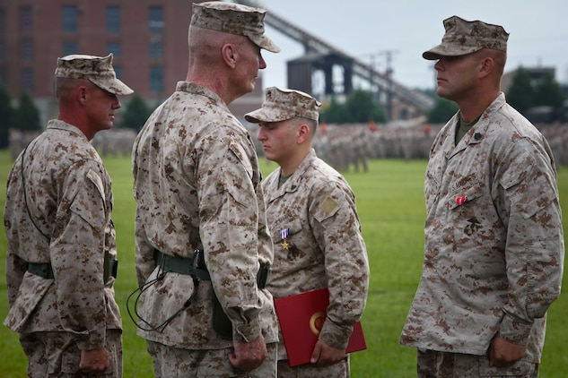 Staff Sgt. Matthew E.Faircloth, the section leader with Weapons Company, 2nd Battalion, 8th Marine Regiment, 2nd Marine Division, was awarded a Bronze Star Medal with a combat distinguishing device Aug. 23 during the 2nd Marine Division change of command ceremony.  Faircloth, a Hedgesville, W. Va., native, earned the award for his actions in combat on February 16, 2011.