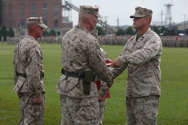 Staff Sgt. Matthew E.Faircloth, the section leader with Weapons Company, 2nd Battalion, 8th Marine Regiment, 2nd Marine Division, was awarded a Bronze Star Medal with a combat distinguishing device Aug. 23 during the 2nd Marine Division change of command ceremony.  Faircloth, a Hedgesville, W. Va., native, earned the award for his actions in combat on February 16, 2011.
