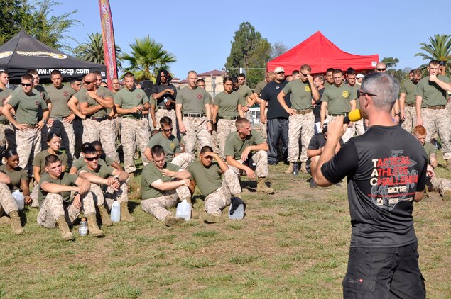 Joe A. Artino, the fitness programs supervisor at Marine Corps Community Services Camp Pendleton Semper Fit Division, gives Marines a brief before starting the Tacticle Athlete Challenge at Camp Pendleton's Paige Fieldhouse, Aug.28.