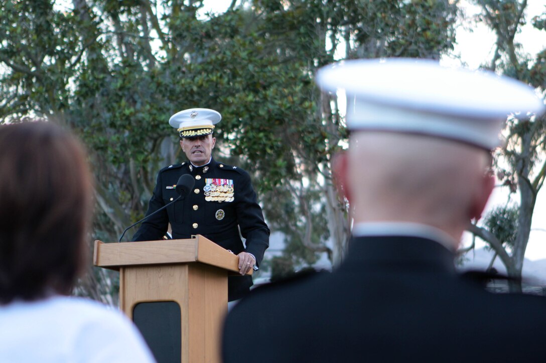 Brig. Gen. Vincent A. Coglianese, the commanding general of Marine Corps Installations-West and Marine Corps Base Camp Pendleton, addresses the attendees of Camp Pendleton’s Evening Colors Ceremony, held at the historical Santa Margarita Ranch House, Aug. 28.