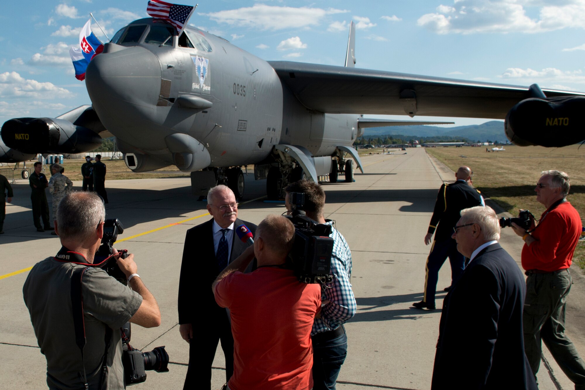 Ivan Gašparovic, President of the Slovak Republic, talks with local media after getting a tour of a B-52H Stratofortress on Aug. 29, 2012, Sliac, Slovakia. The B-52 is assigned to the 93rd Bomb Squadron, 307th Bomb Wing, Barksdale Air Force Base, La., and arrived in Sliac support to support the Slovak International Air Fest 2012. (U.S. Air Force photo by Master Sgt. Greg Steele/Released)