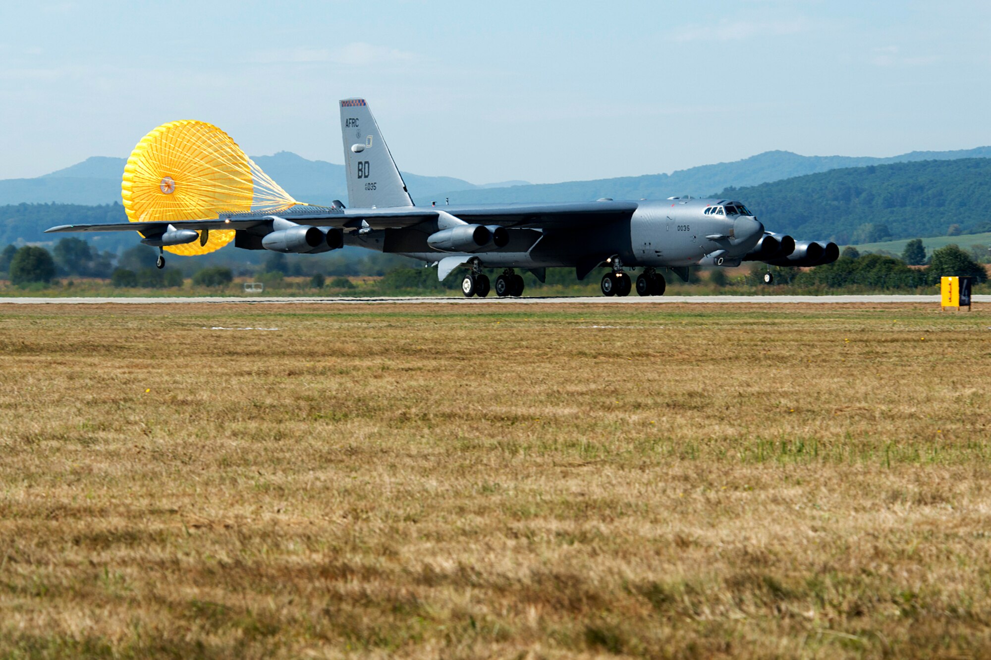 A 93rd Bomb Squadron B-52H Stratofortress lands at Sliac airport in support of the Slovak International Air Fest 2012, Aug. 29, 2012, Sliac, Slovakia. The 93rd BS is assigned to the 307th Bomb Wing, Barksdale Air Force Base, La., and this landing is historical for being the first time a B-52 has visited the Slovak Republic. (U.S. Air Force photo by Master Sgt. Greg Steele/Released)