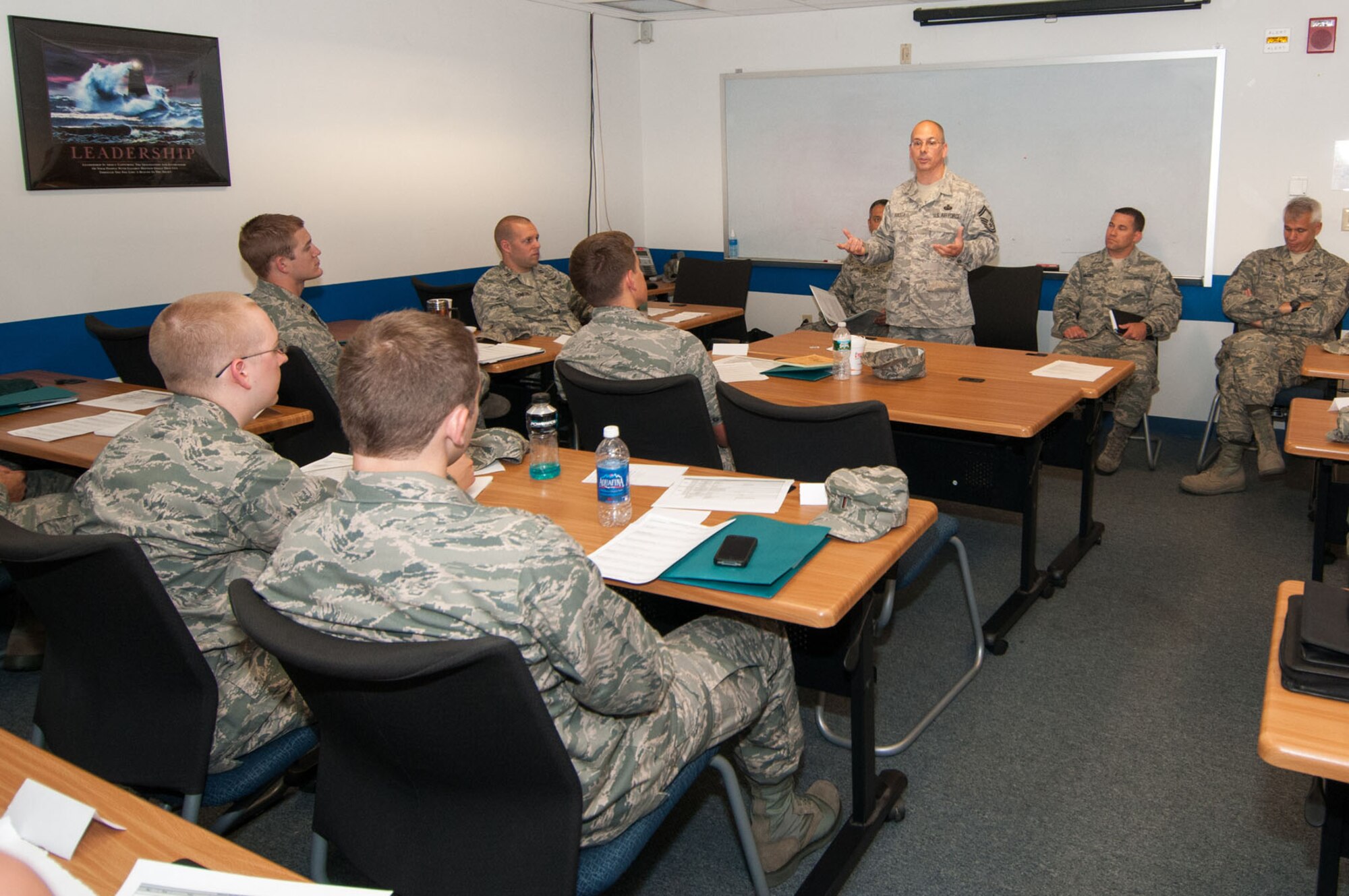 HANSCOM AIR FORCE BASE, Mass. - Senior Master Sgt. Joseph Huberty, along with other senior NCOs, speak to first term lieutenants during the Lieutenant Professional Development Program at the Education and Training Center Aug. 23. In addition to the senior NCO mentoring session, the lieutenants heard from base senior leaders, received briefings and learned more about the installation. (U.S. Air Force photo by Rick Berry)