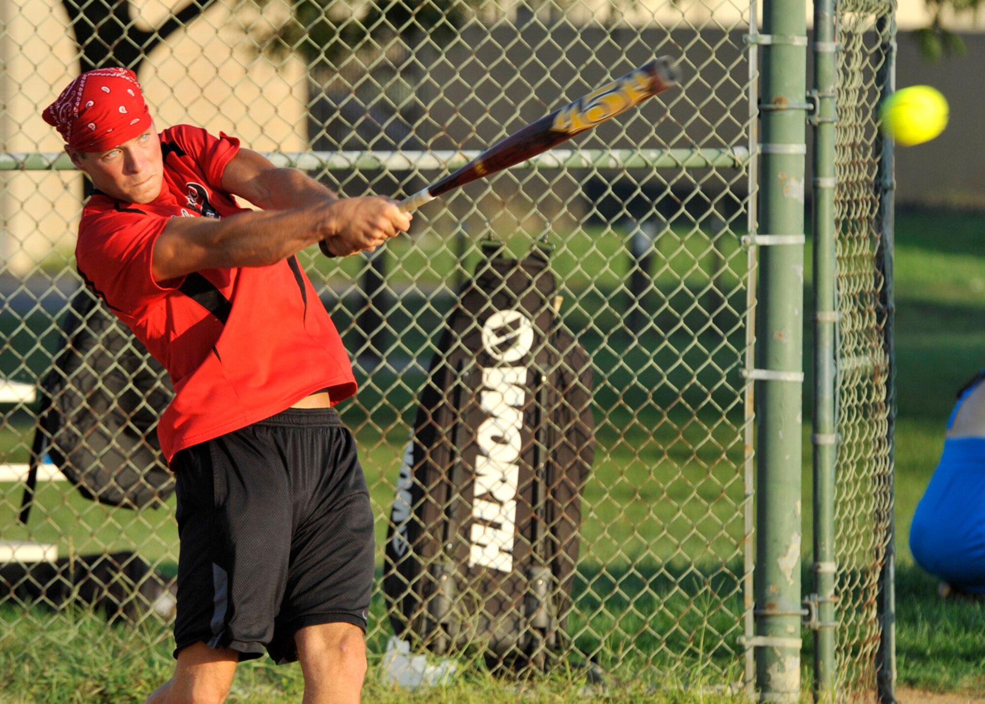 Jacob Skjei, National League shortstop, hits a double during the All-Star softball game Aug. 28, 2012, at Dover Air Force Base, Del. The National League defeated the American League 12-4. (U.S. Air Force photo by Tech. Sgt. Chuck Walker)